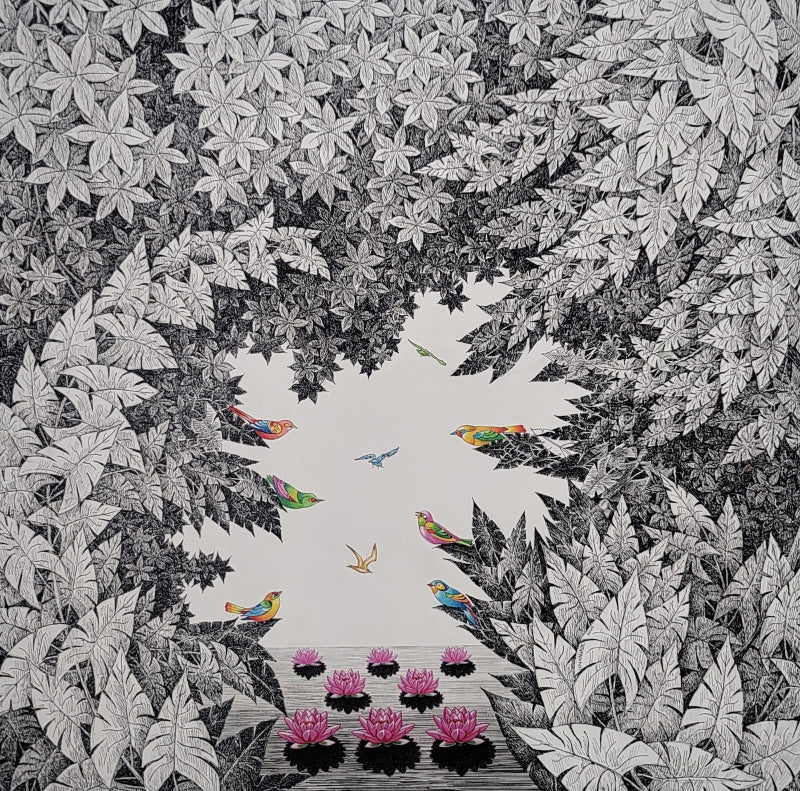 'Untitled 2' nature mixed-media painting by artist Umakant Kanade, 36x36 inch, on canvas