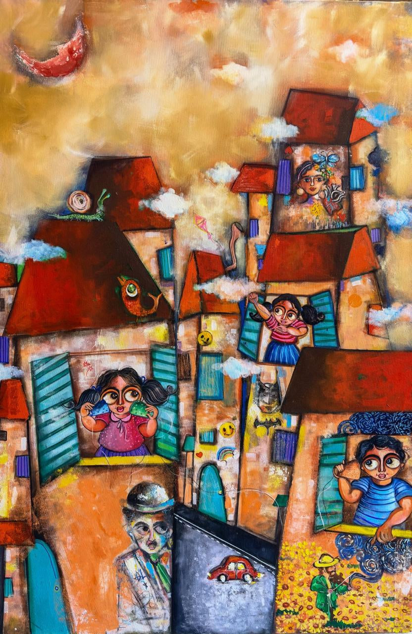 Untitled 2' figurative acrylic painting by artist Sharmi Dey, 60x40 inch, on canvas