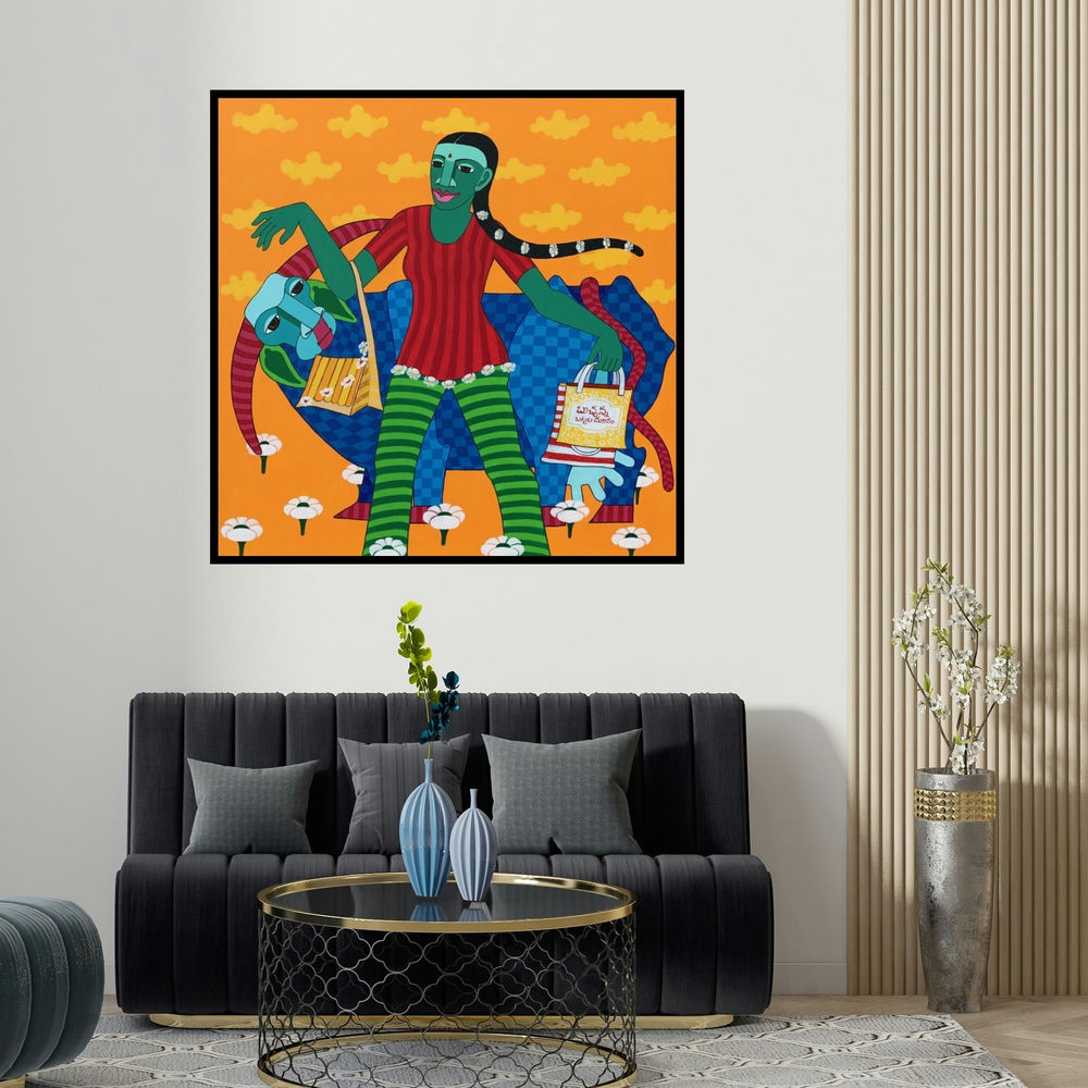 Thota Laxminarayana's 'Untitled 2 (Market Day)' painting visualized above a sofa in a contemporary room.