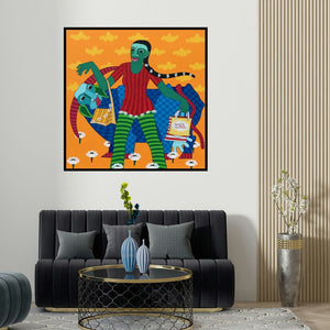 Thota Laxminarayana's 'Untitled 2 (Market Day)' painting visualized above a sofa in a contemporary room.