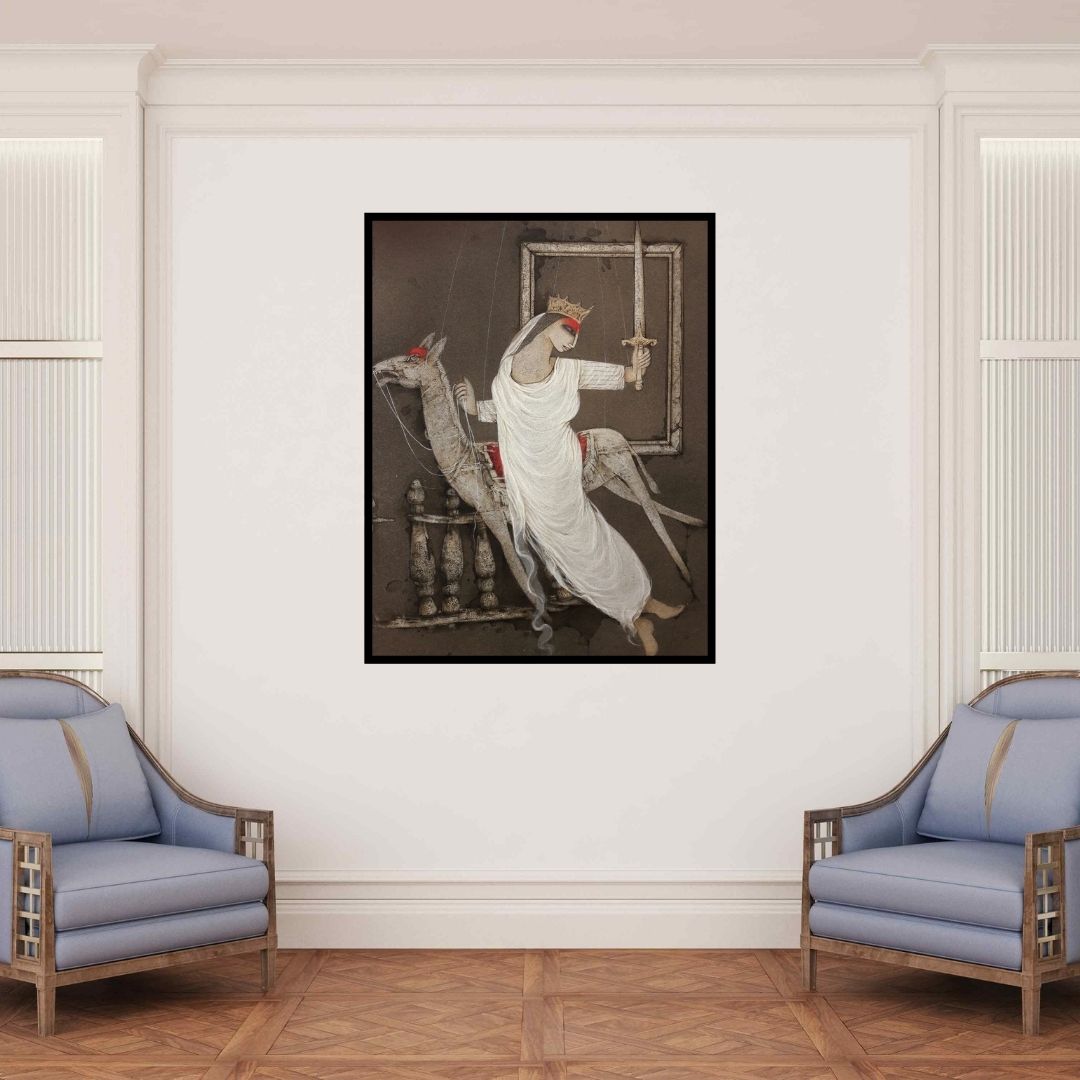 In-situ view of Mintu Mallick's 'Untitled 2 (Warrior Queen)' painting in a room