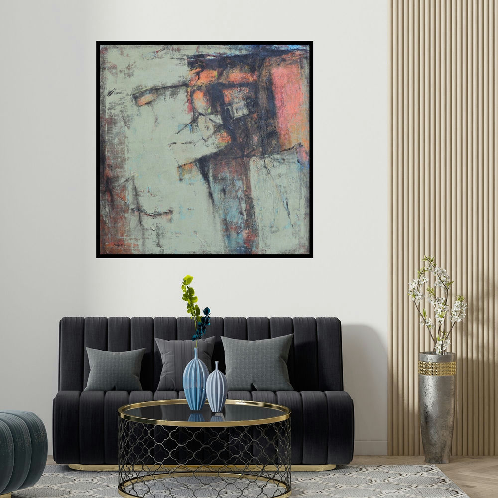 Anuja Paturkar's 'Untitled 2 (Layers of Expression)' painting visualized above a sofa in a contemporary room.