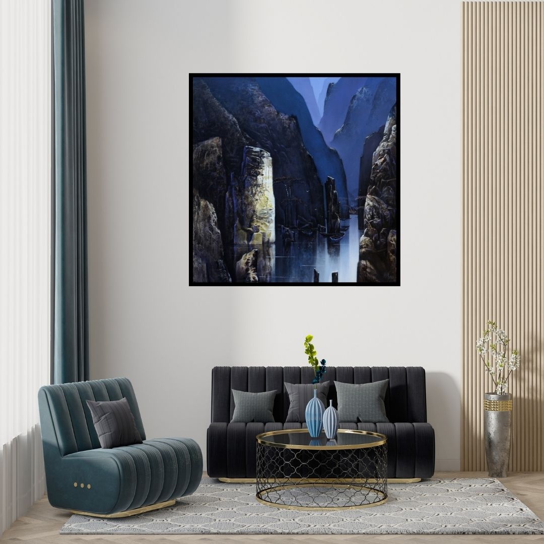 Preview of 'Untitled 2' Painting by Nagesh Hankare shown on a wall in a furnished room.