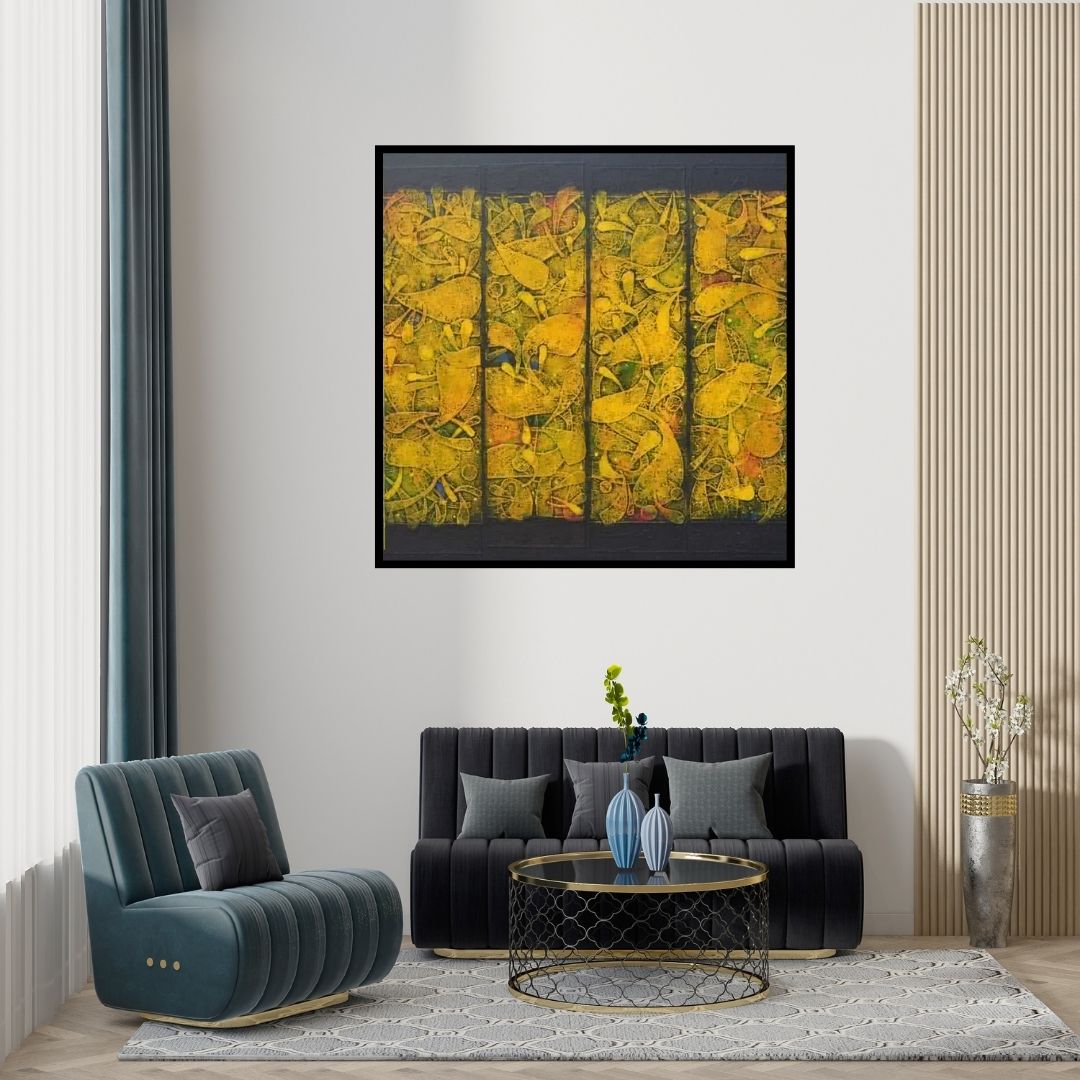 Preview of 'Untitled 2 (The Golden Veil)' Painting by Basuki Dasgupta shown on a wall in a furnished room.