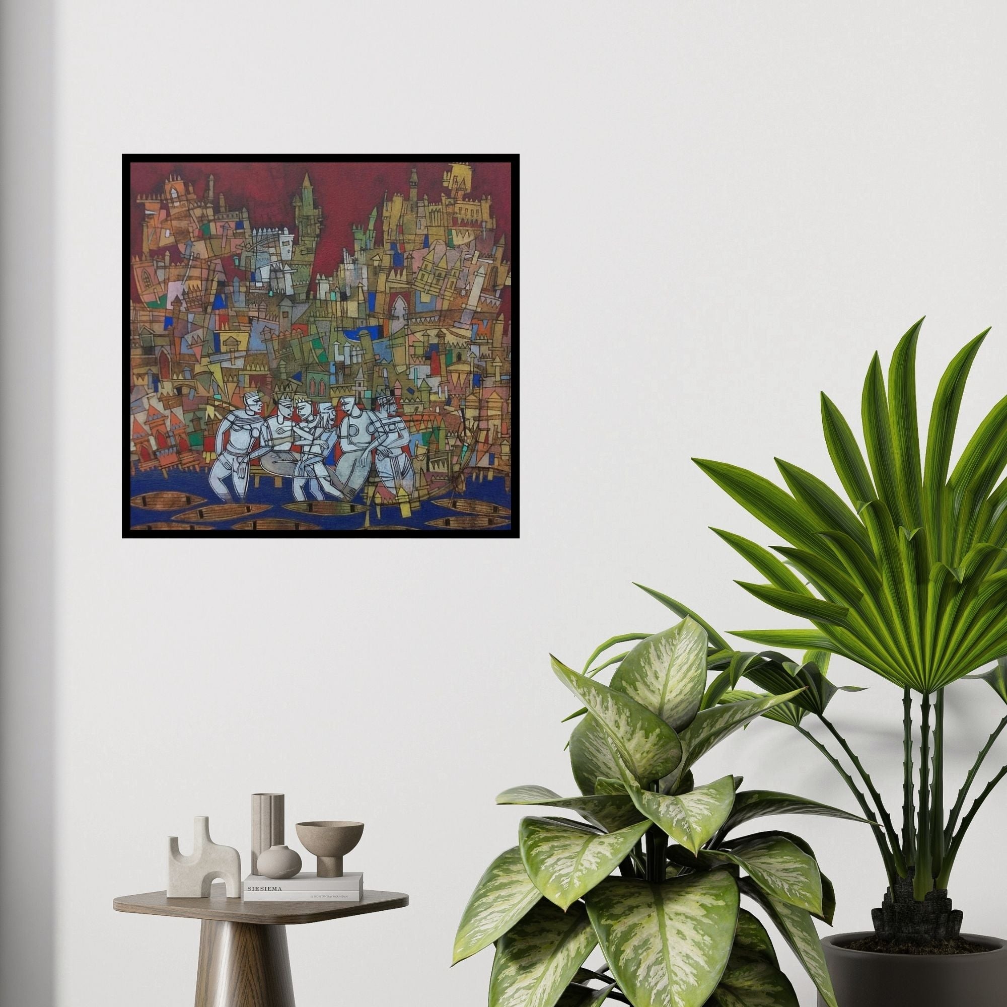 In-situ view of Biswajit Mondal's 'Untitled 2 (Cityscape of Dreams)' painting in a room