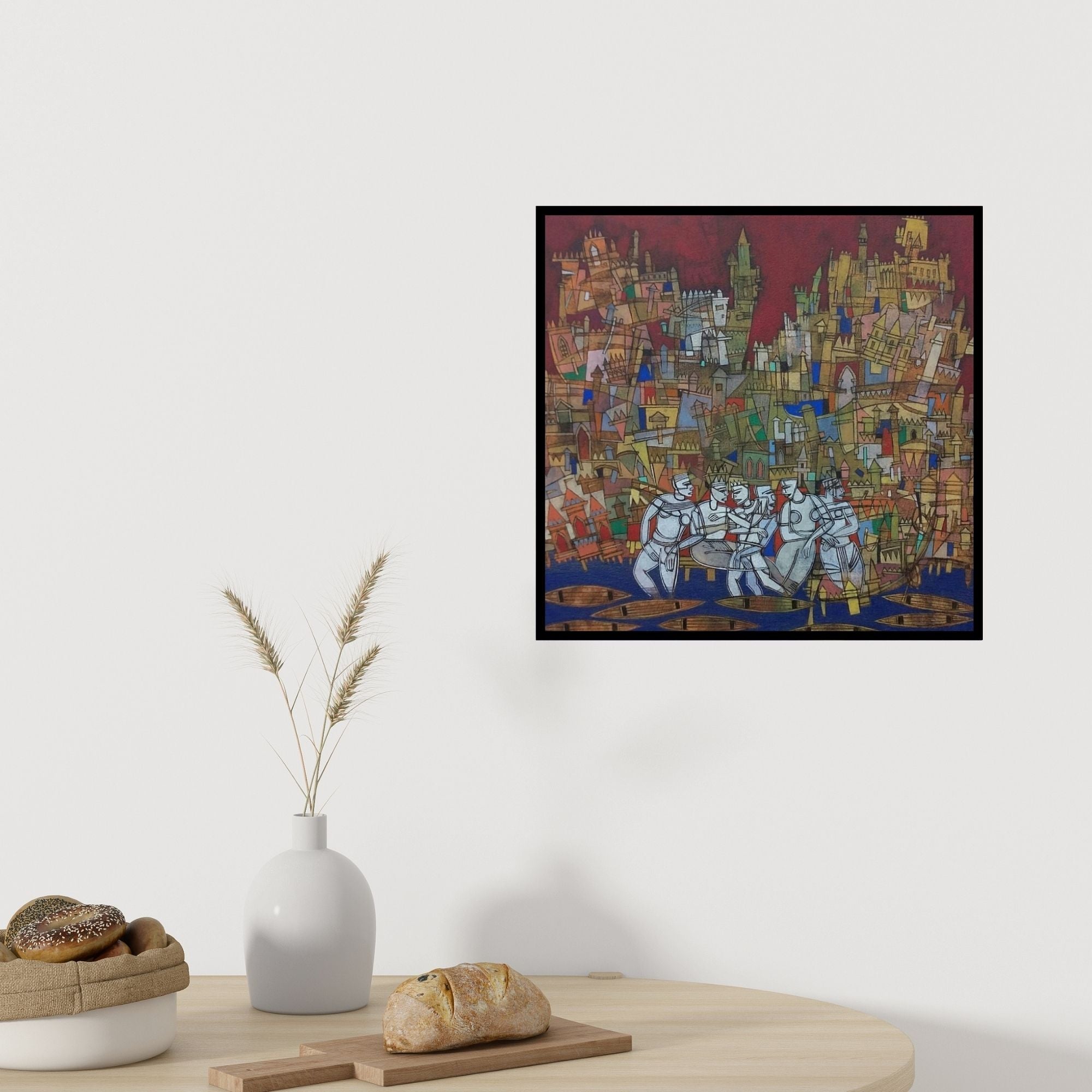 Preview of 'Untitled 2 (Cityscape of Dreams)' Painting by Biswajit Mondal shown on a wall in a furnished room.
