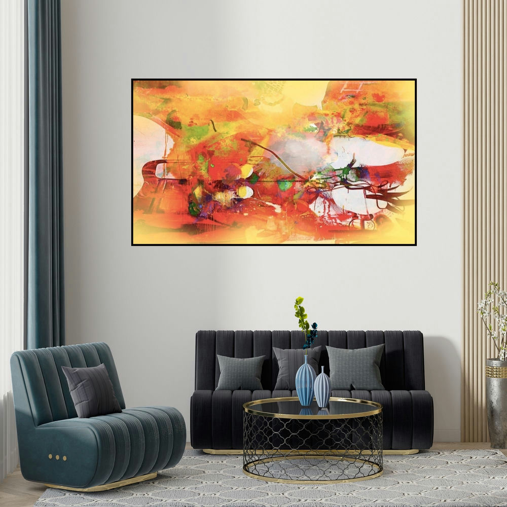 Sunil Balkawade's 'Untitled 2 (Abstract Composition in Yellow)' painting visualized above a sofa in a contemporary room.