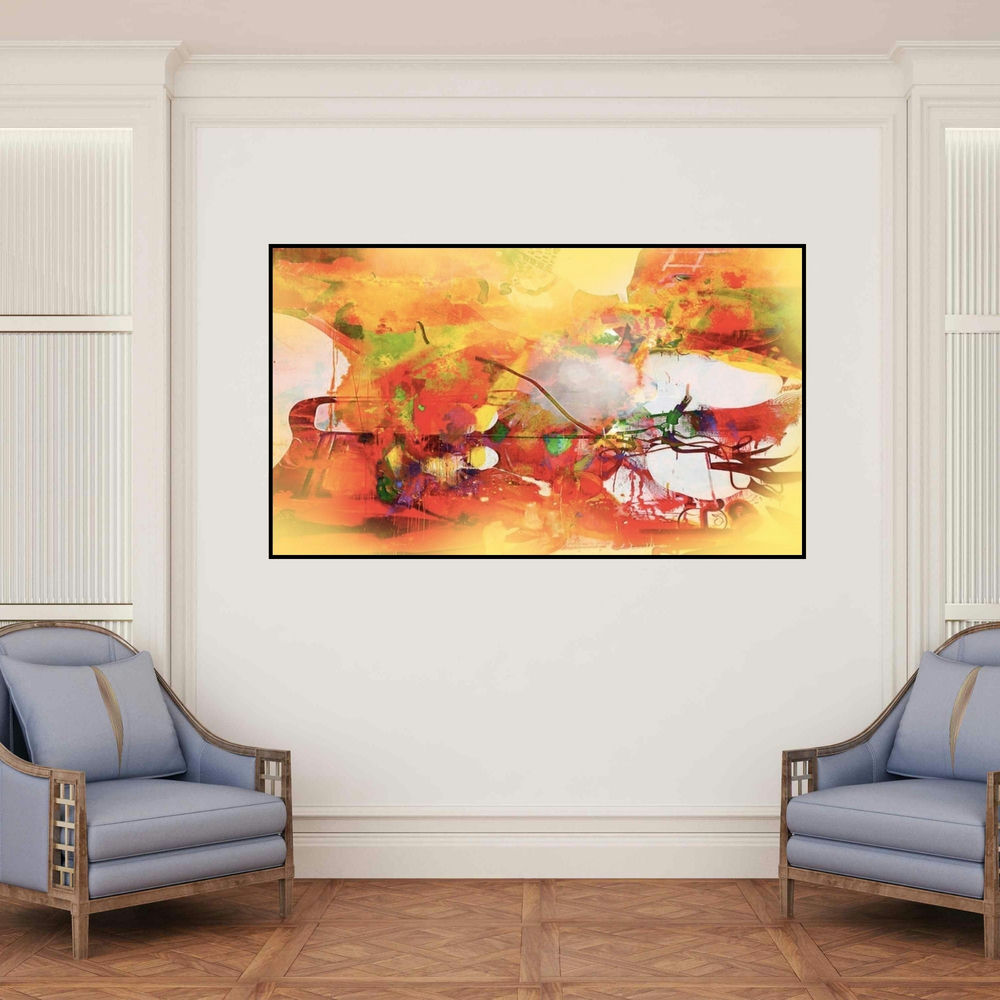 'Untitled 2 (Abstract Composition in Yellow)' painting by Sunil Balkawade shown on a wall in a furnished room.