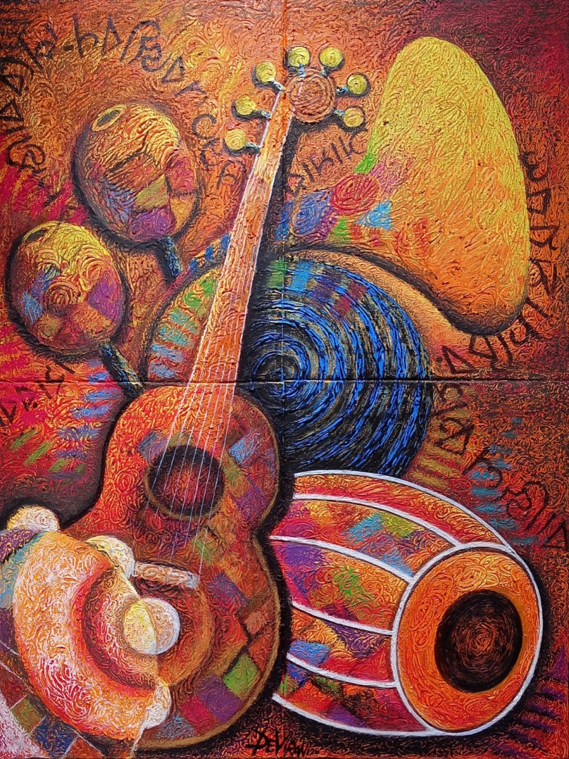 Untitled 2 (Diptych)' music mixed-media painting by artist Devirani Dasgupta, 32x24 inch, on canvas