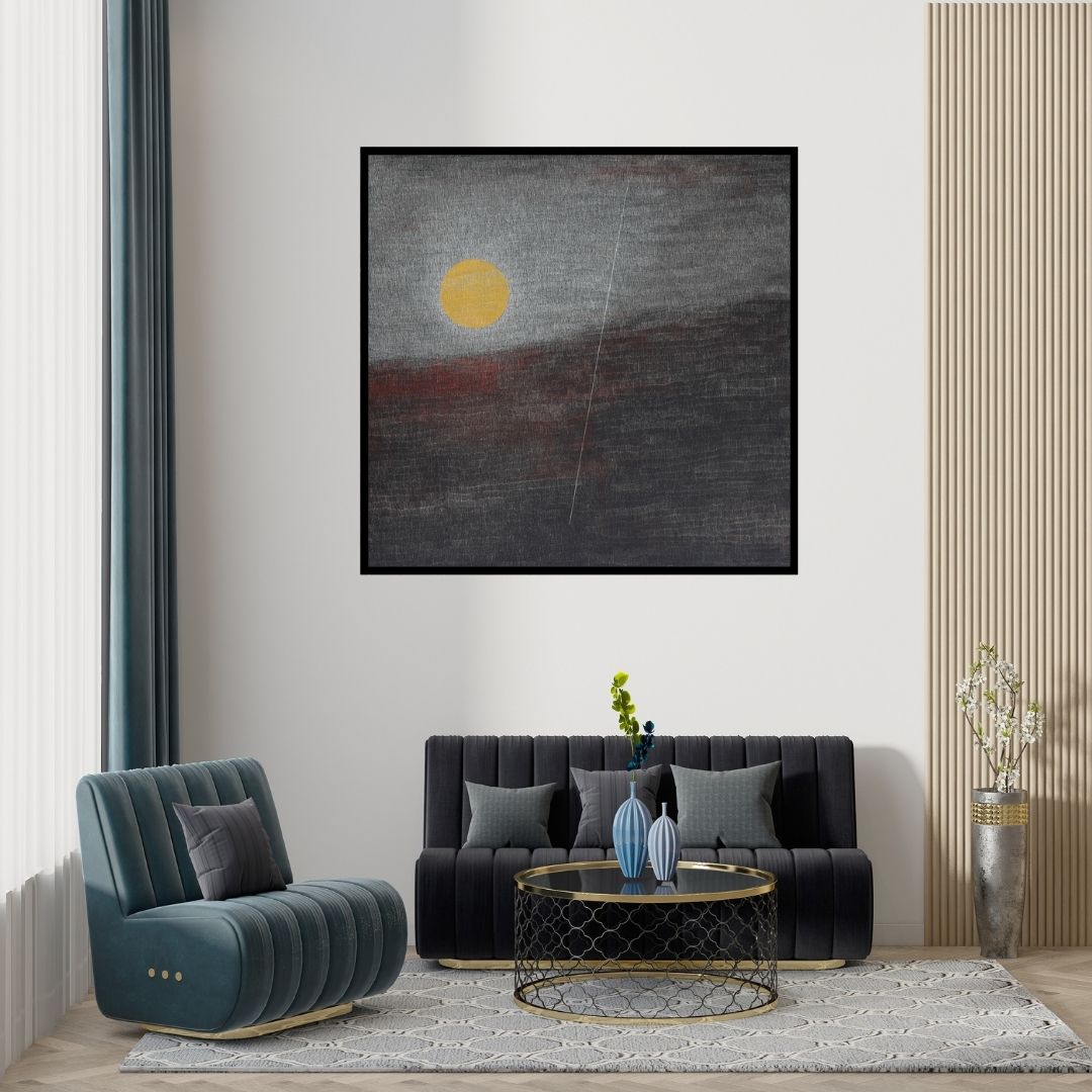 Preview of 'Untitled 20 (Golden Orb Over Horizon)' Painting by Hanumanth Devulapalli shown on a wall in a furnished room.