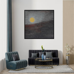 Preview of 'Untitled 20 (Golden Orb Over Horizon)' Painting by Hanumanth Devulapalli shown on a wall in a furnished room.