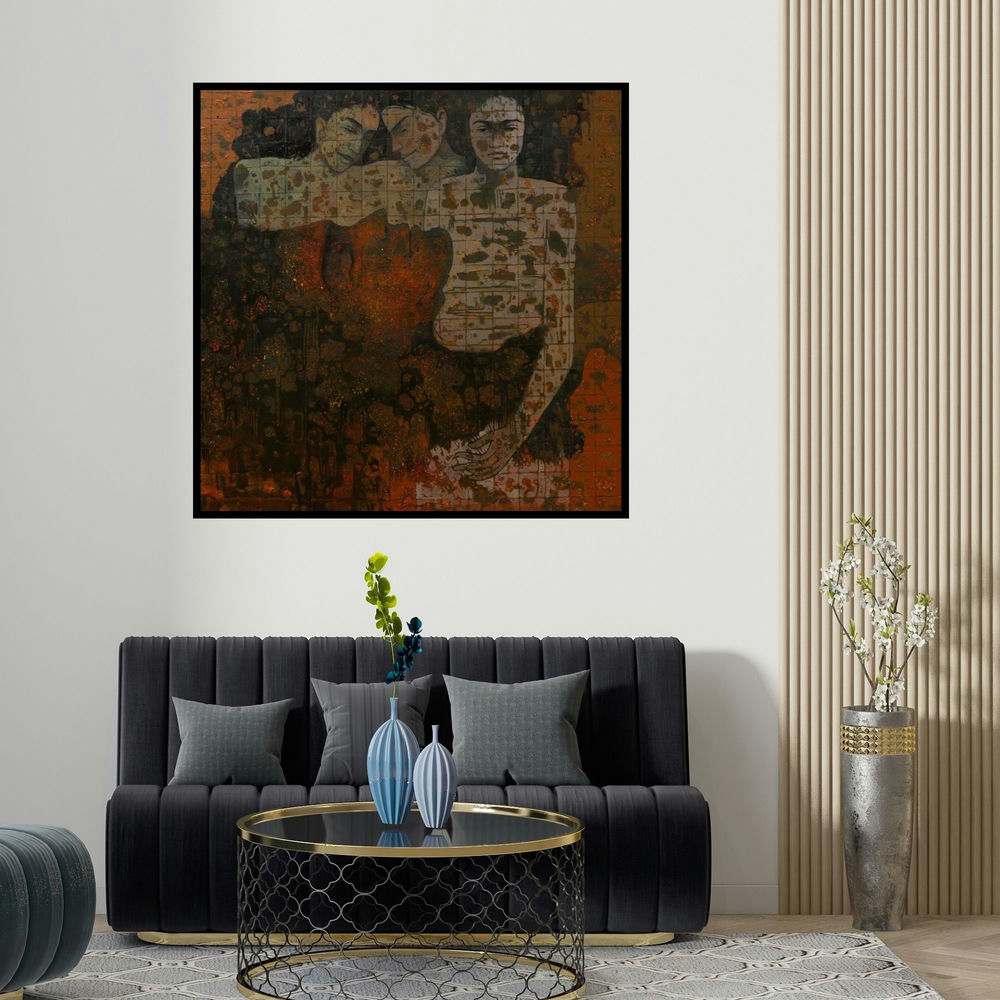 Swati Sable's 'Untitled 20 (The Interconnected)' painting visualized above a sofa in a contemporary room.