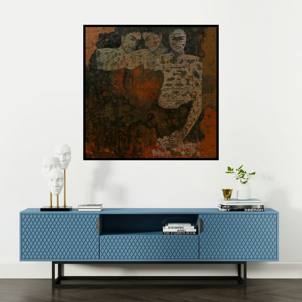 'Untitled 20 (The Interconnected)' painting by Swati Sable shown on a wall in a furnished room.