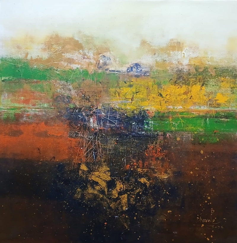 Untitled 205' abstract acrylic painting by artist Dnyaneshwar Dhavale, 48x48 inch, on canvas