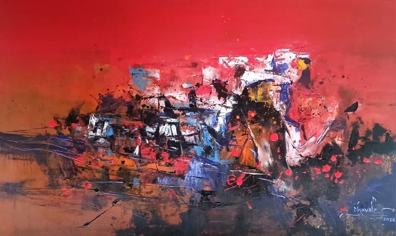 Untitled 206' abstract acrylic painting by artist Dnyaneshwar Dhavale, 36x60 inch, on canvas