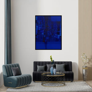 Preview of 'Untitled 21 (Midnight Bloom)' Painting by Yogesh Murkute shown on a wall in a furnished room.