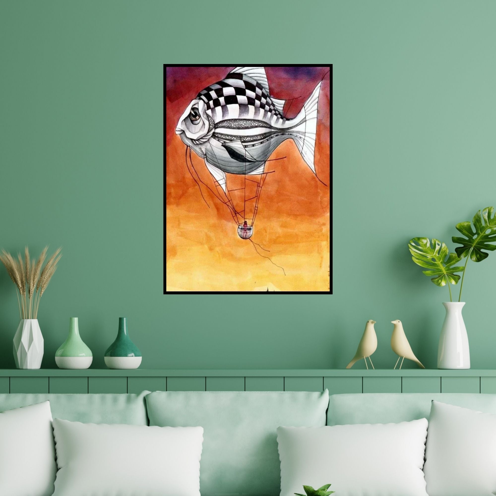 Preview of 'Untitled 21 (Fish Out of Water)' Painting by Bikash Mohanta shown on a wall in a furnished room.