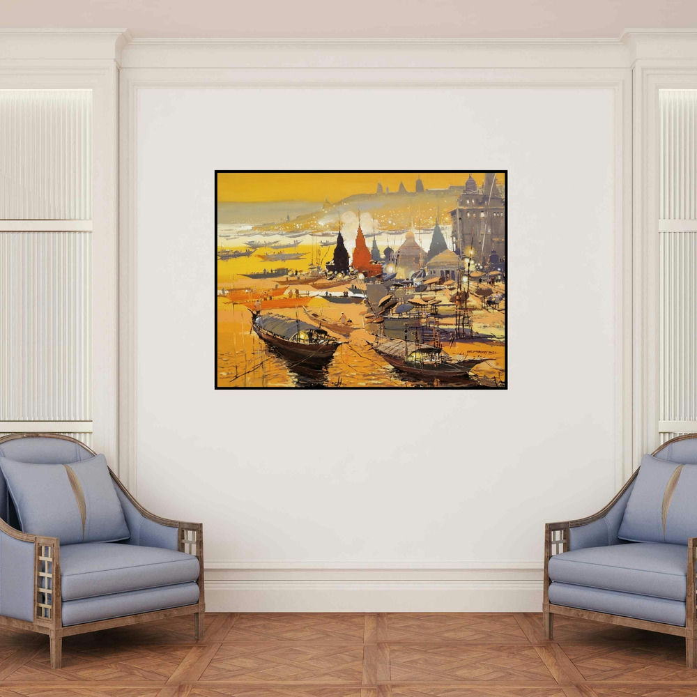 'Untitled 21 (Dawn on the Ganges)' painting by Hari Dhongade shown on a wall in a furnished room.