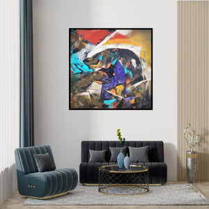 Preview of 'Untitled 21 (Crimson Dance)' Painting by Sanjay Dhawale shown on a wall in a furnished room.