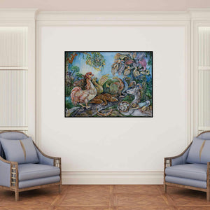 'Untitled 21 (A Dreamlike Tapestry**)' painting by Gouri Vemula shown on a wall in a furnished room.
