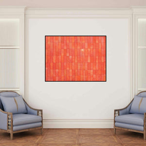 'Untitled 21 (Orange Grid)' painting by Hanumanth Devulapalli shown on a wall in a furnished room.