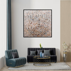 Preview of 'Untitled 213 (A Tapestry of Time)' Painting by Anand Dabli shown on a wall in a furnished room.