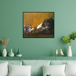 Preview of 'Untitled (The Vaccination)' Painting by Aditya Puthur shown on a wall in a furnished room.