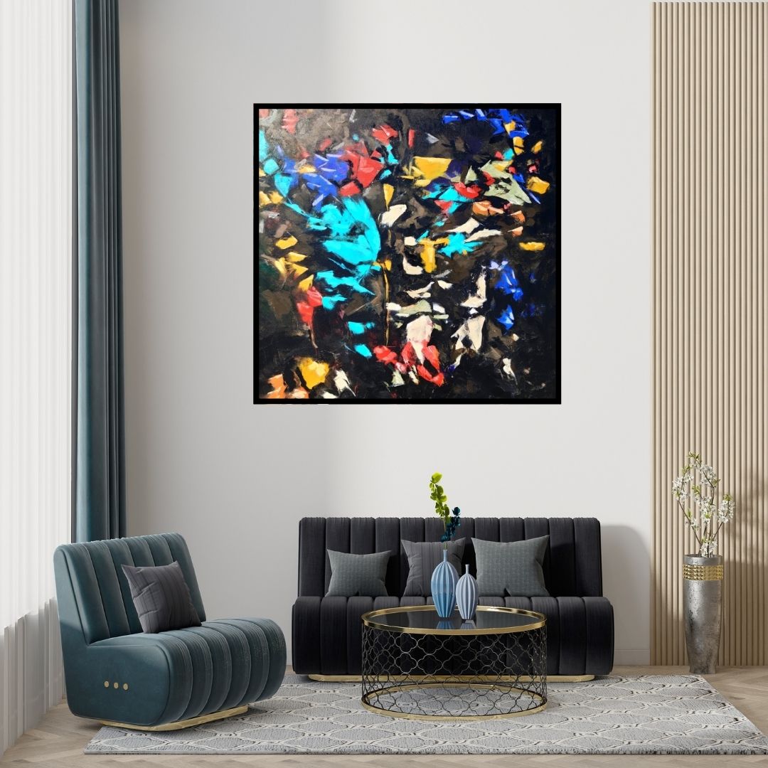Preview of 'Untitled 22 (Midnight Bloom)' Painting by Sanjay Dhawale shown on a wall in a furnished room.