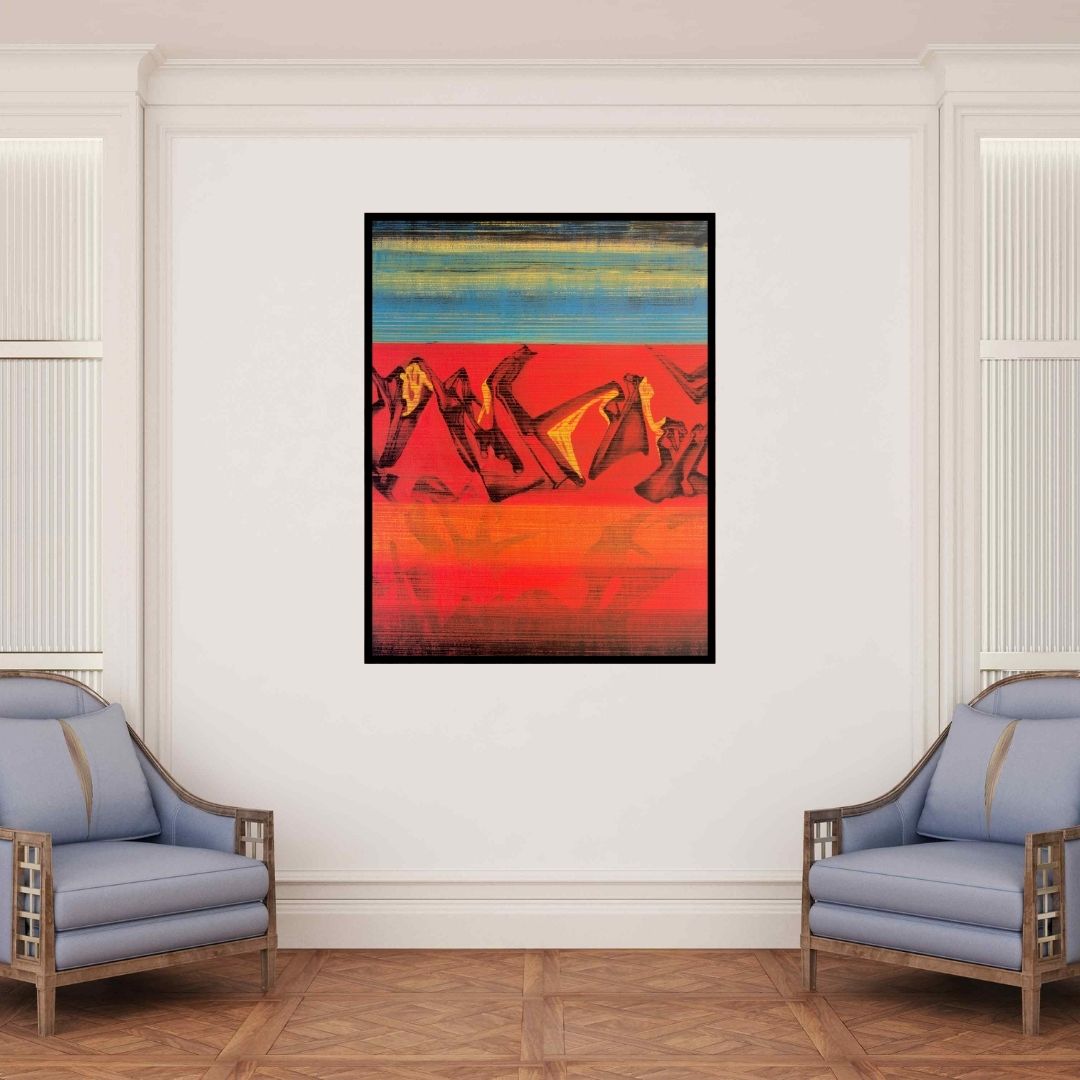 In-situ view of Chandan Bhowmick's 'Untitled 22 (Crimson Horizon)' painting in a room
