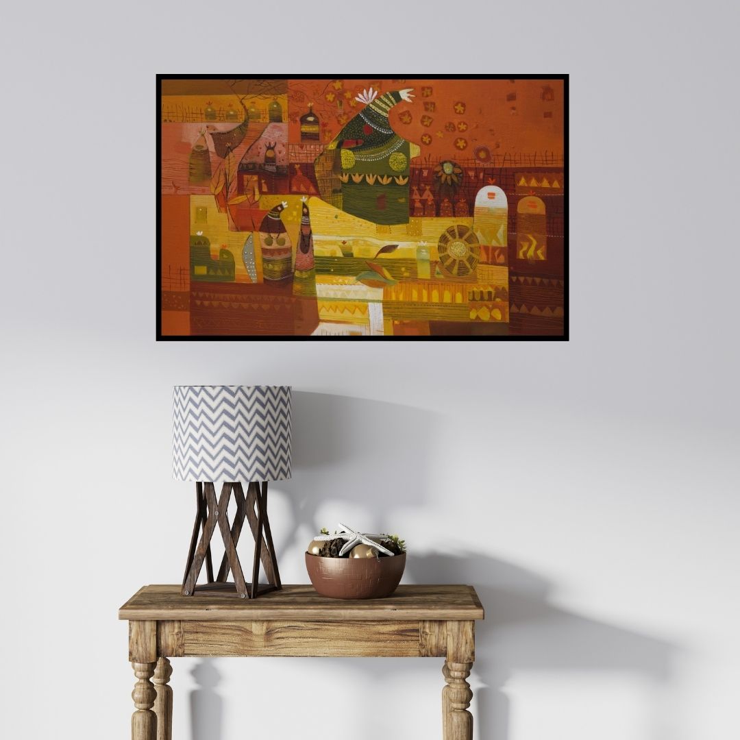 In-situ view of Vaishali Patil's 'Untitled 22 (Rural Rhapsody**)' painting in a room