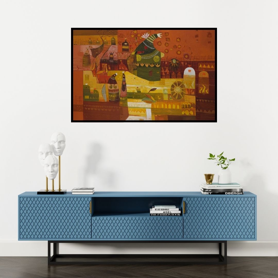 Preview of 'Untitled 22 (Rural Rhapsody**)' Painting by Vaishali Patil shown on a wall in a furnished room.