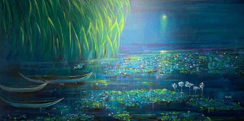 Untitled 22' nature mixed-media painting by artist Vyoma Parikh, 36x72 inch, on linen
