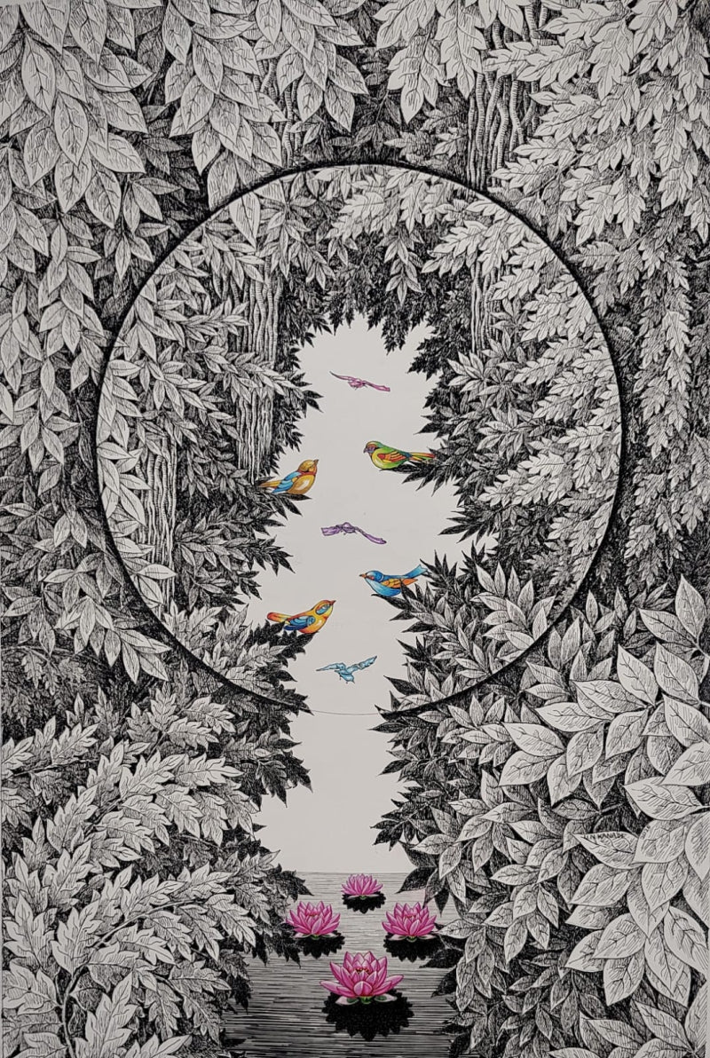 Untitled 22' nature mixed-media painting by artist Umakant Kanade, 36x24 inch, on canvas