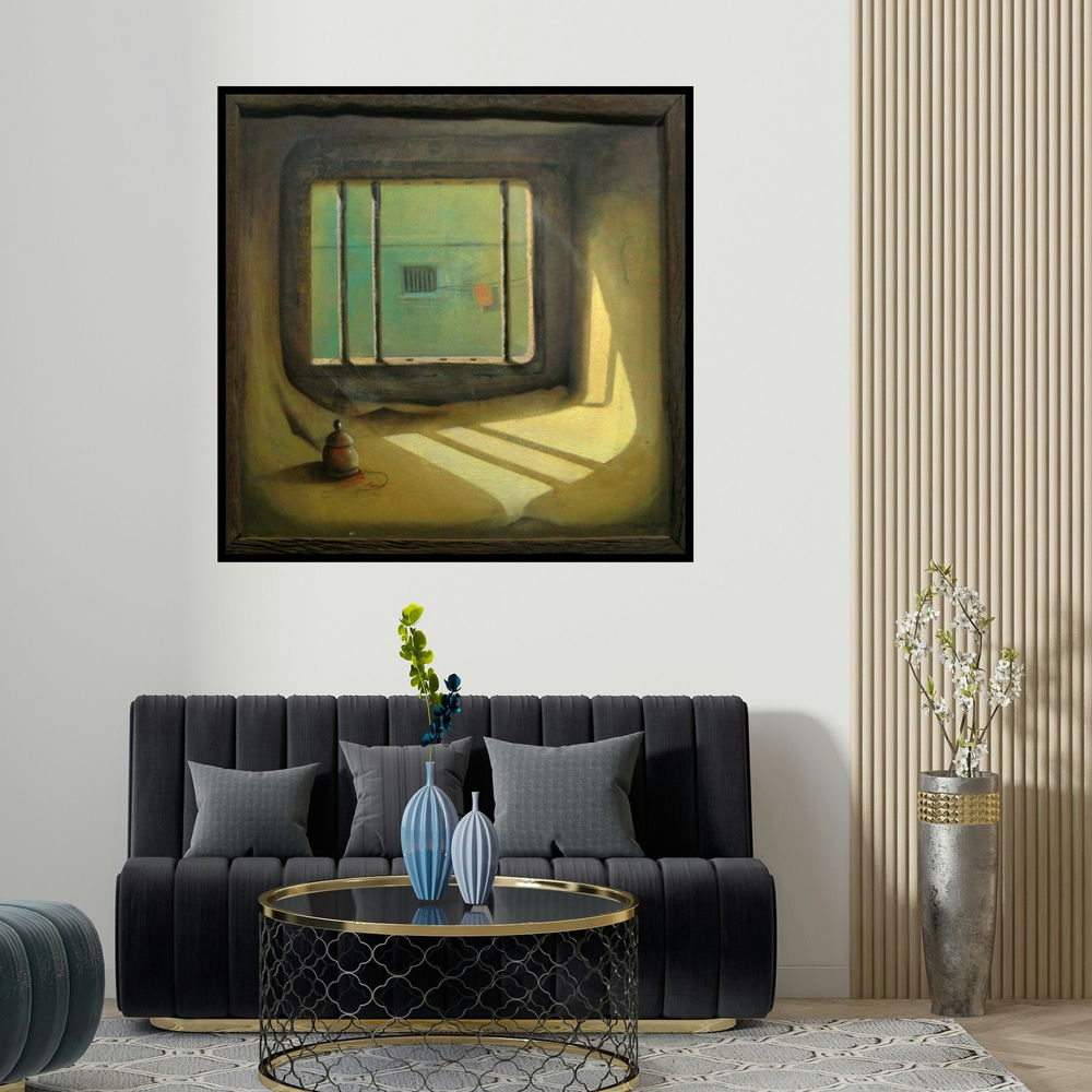 Gopal Pardeshi's 'Window Light (Through the Window)' painting visualized above a sofa in a contemporary room.