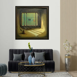 Gopal Pardeshi's 'Window Light (Through the Window)' painting visualized above a sofa in a contemporary room.