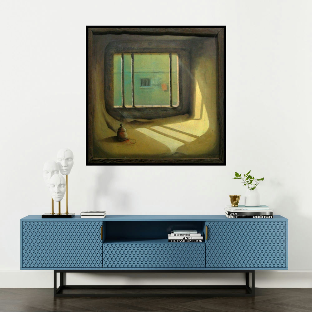 'Window Light (Through the Window)' painting by Gopal Pardeshi shown on a wall in a furnished room.