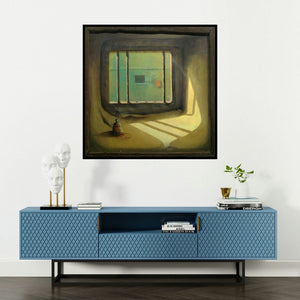 'Window Light (Through the Window)' painting by Gopal Pardeshi shown on a wall in a furnished room.
