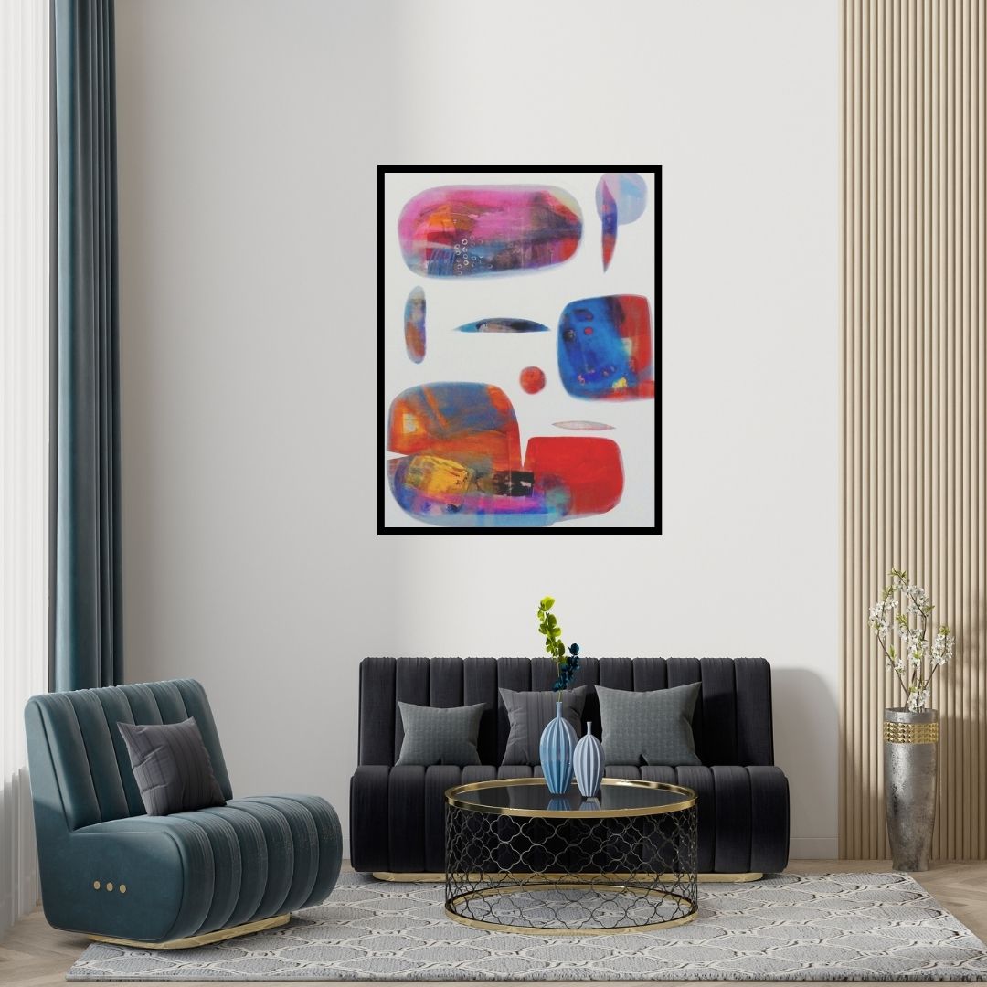 Preview of 'Untitled 23' Painting by Yashwant Pawar shown on a wall in a furnished room.