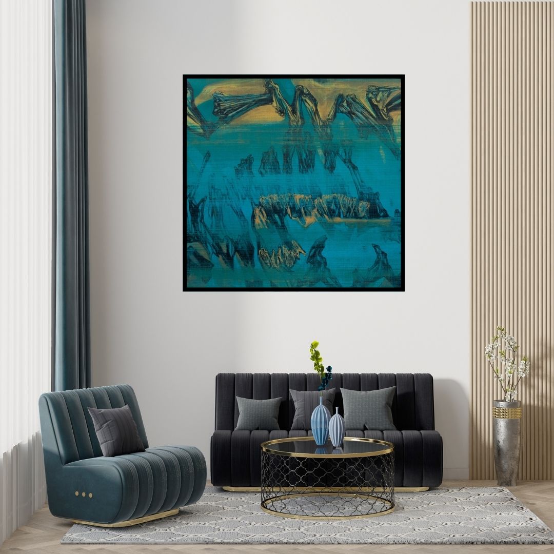 Preview of 'Untitled 24 (Blue Abyss)' Painting by Chandan Bhowmick shown on a wall in a furnished room.