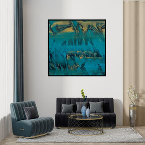 Preview of 'Untitled 24 (Blue Abyss)' Painting by Chandan Bhowmick shown on a wall in a furnished room.