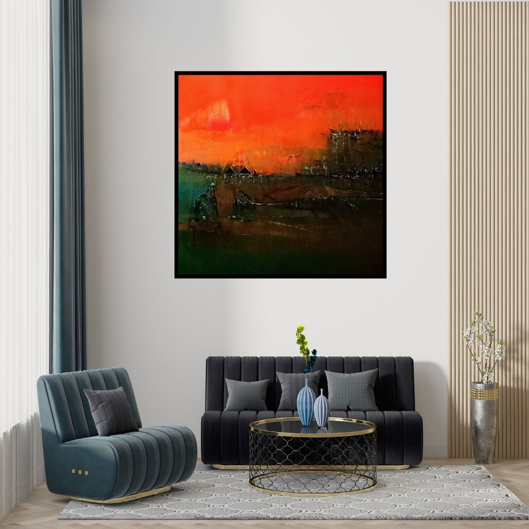 Preview of 'Untitled' Painting by Dnyaneshwar Dhavale shown on a wall in a furnished room.