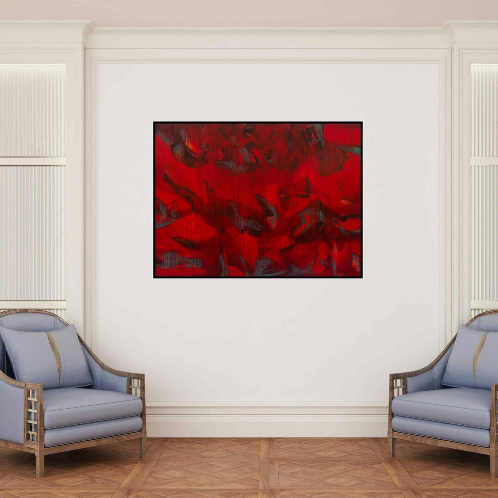 'Untitled 25 (Crimson Abyss)' painting by Chandan Bhowmick shown on a wall in a furnished room.