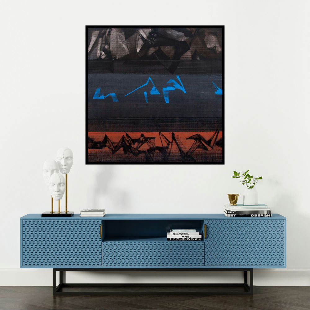 'Untitled 26 (Midnight Blue)' painting by Chandan Bhowmick shown on a wall in a furnished room.