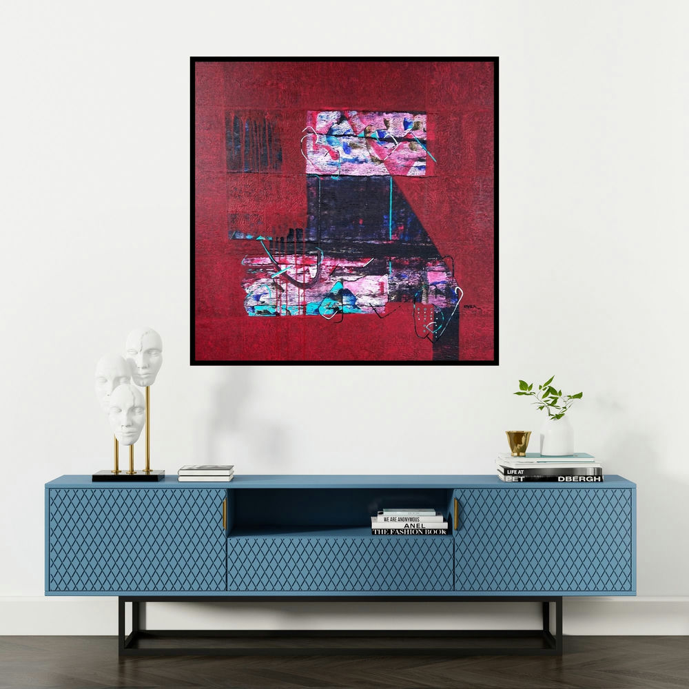 'Untitled 26 (Urban Rhythms)' painting by Vivek Nimbolkar shown on a wall in a furnished room.