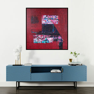 'Untitled 26 (Urban Rhythms)' painting by Vivek Nimbolkar shown on a wall in a furnished room.