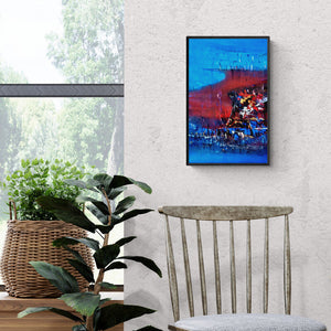 Dnyaneshwar Dhavale's 'Untitled (Abstract Landscape in Blue and Red)' Painting visualized above a sofa in a contemporary room