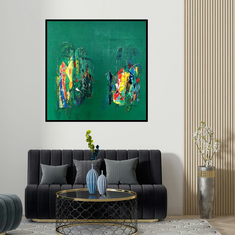 Vivek Nimbolkar's 'Untitled 27 (Emerald City)' painting visualized above a sofa in a contemporary room.