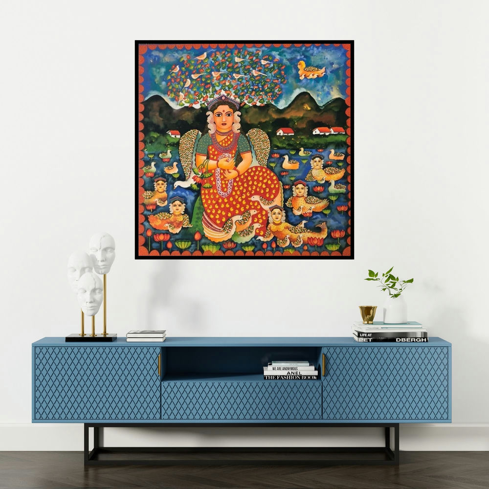 'Untitled' painting by Jayasri Burman shown on a wall in a furnished room.