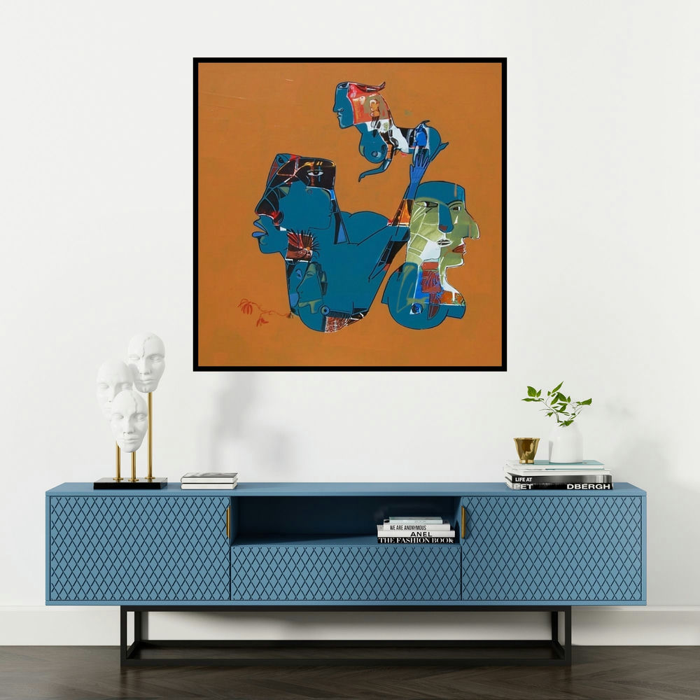 'Untitled (The Awakening)' painting by Shambhu Prasad Reddy Kolli shown on a wall in a furnished room.