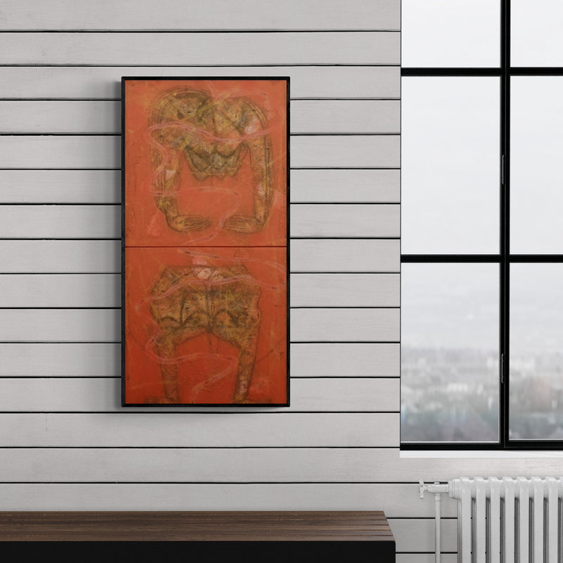 Preview of 'Untitled 3 (Divided Self)' Painting by Sukhendu Paul shown on a wall in a furnished room.